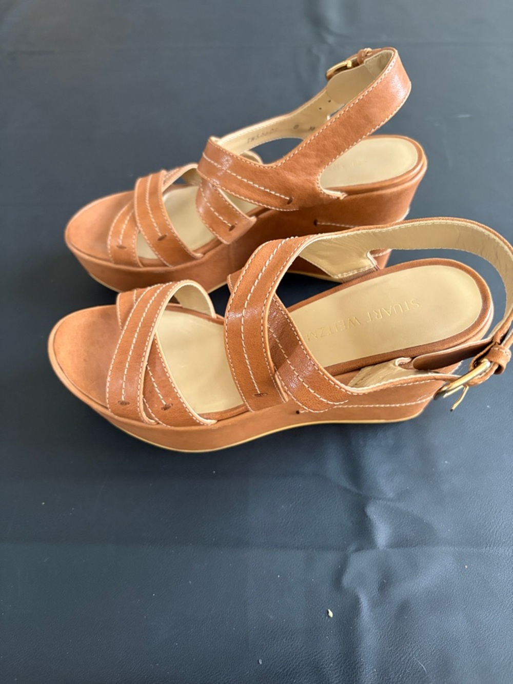 Stuart Weitzman Cognac Leather Strappy Wedge Sandals Size 8M - Picture 5 of 8